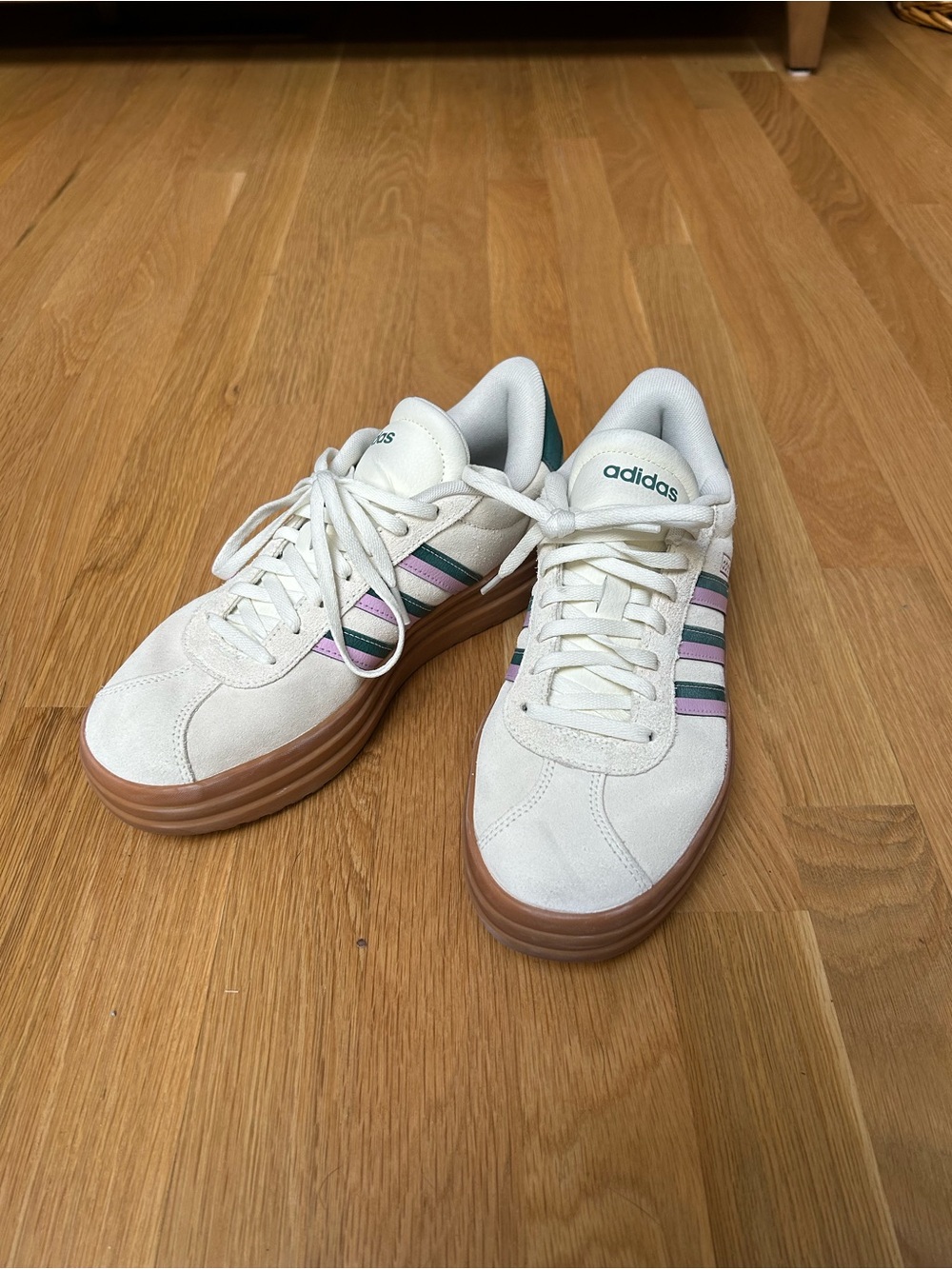 adidas Cream Suede Platform Sneakers with Pink & Green Stripes